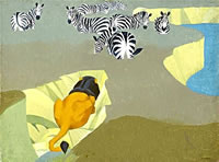 Artist Raymond Sheppard: Lion stalking zebras 1934